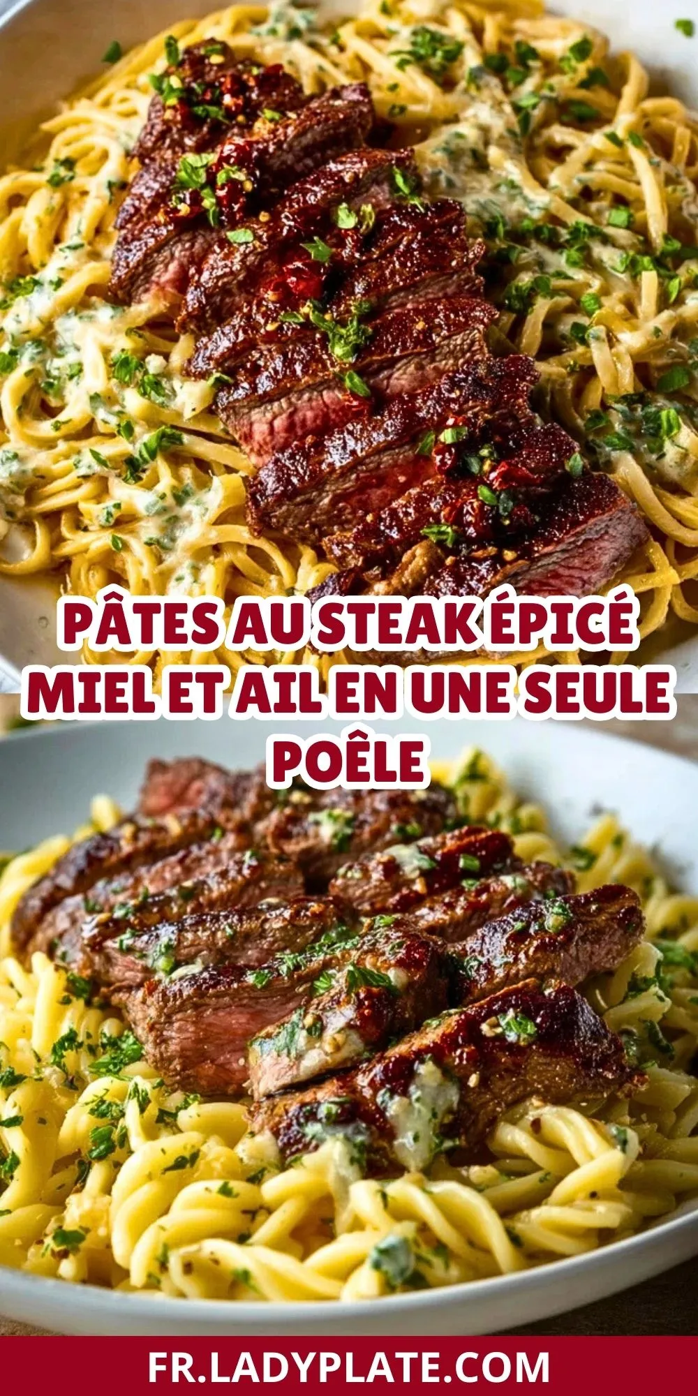 Pâtes au steak épicé miel et ail en une seule poêle - Pin 1
