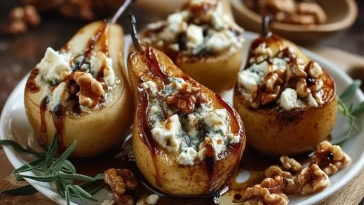 Poires Rôties Au Fromage De Chèvre Et Sauce Au Sirop Dérable Avec Noix