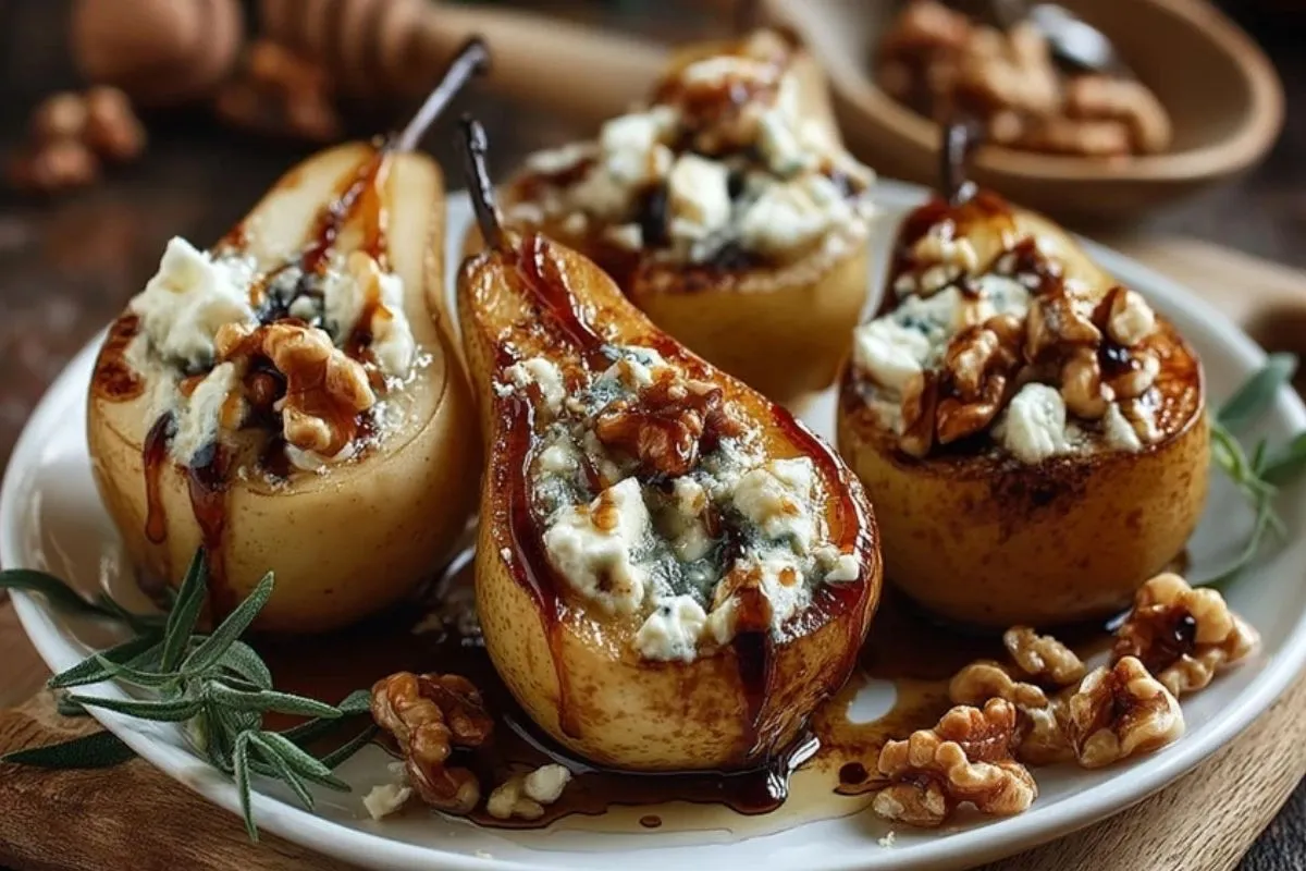 Poires Rôties Au Fromage De Chèvre Et Sauce Au Sirop Dérable Avec Noix