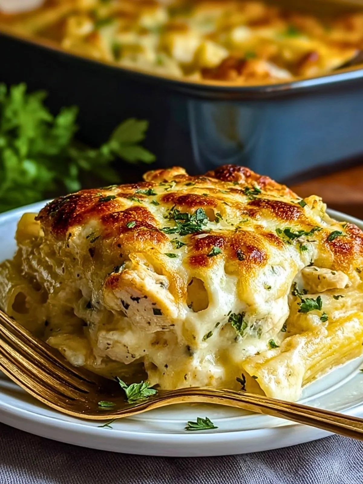 Pâtes Au Poulet Alfredo Crémeuses Avec Croûte De Mozzarella (1)