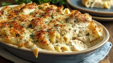 Pâtes Au Poulet Alfredo Crémeuses Avec Croûte De Mozzarella