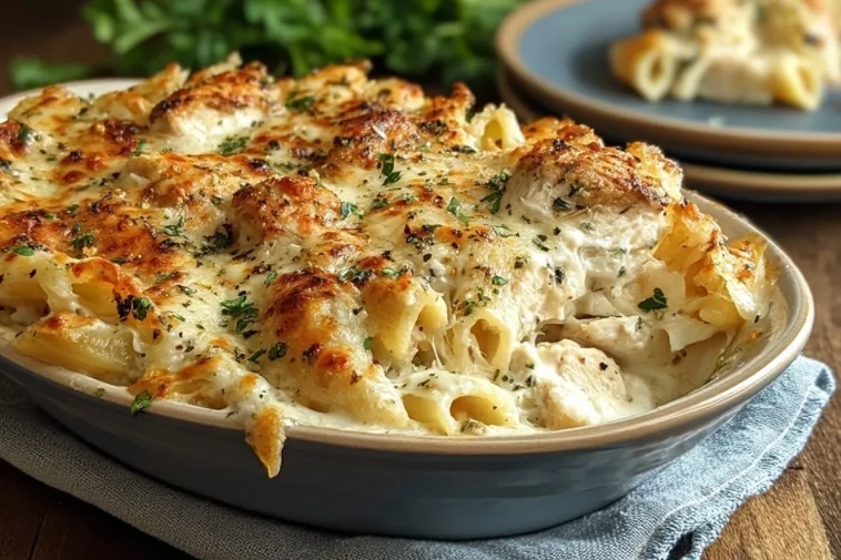 Pâtes Au Poulet Alfredo Crémeuses Avec Croûte De Mozzarella